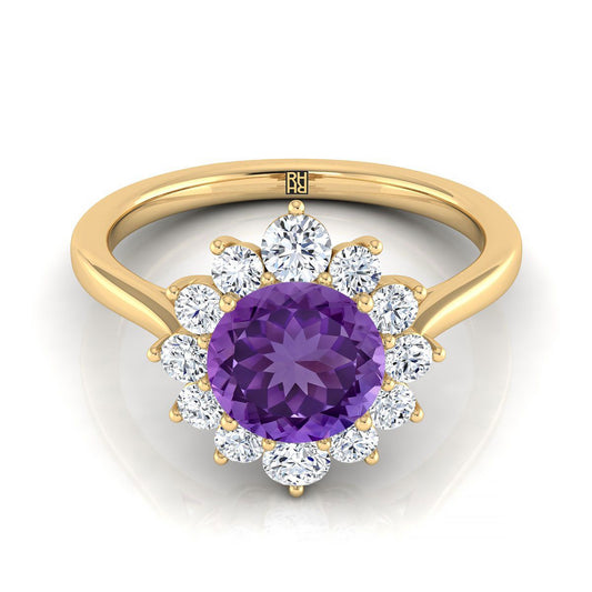 14K Yellow Gold Round Brilliant Amethyst Floral Diamond Halo Engagement Ring -1/2ctw