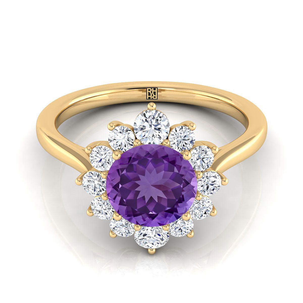 18K Yellow Gold Round Brilliant Amethyst Floral Diamond Halo Engagement Ring -1/2ctw