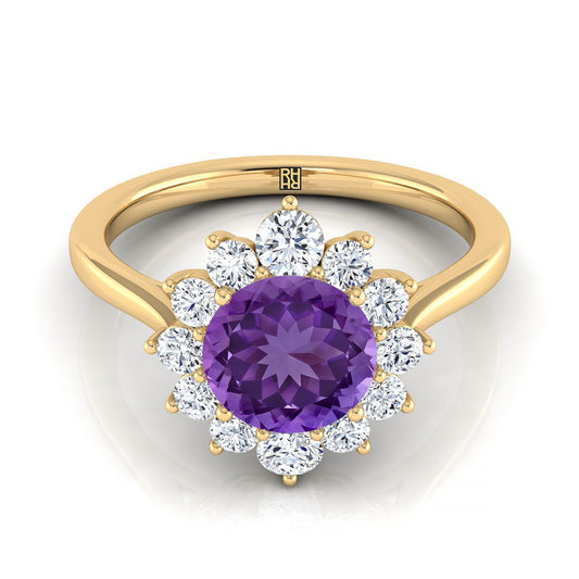 18K Yellow Gold Round Brilliant Amethyst Floral Diamond Halo Engagement Ring -1/2ctw