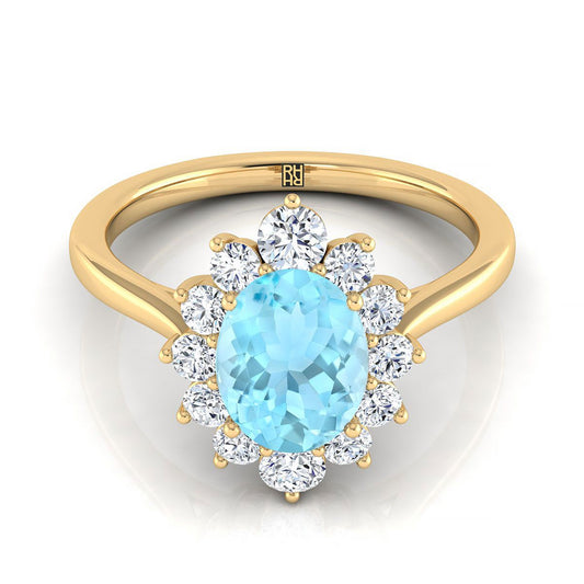 14K Yellow Gold Oval Aquamarine Floral Diamond Halo Engagement Ring -1/2ctw