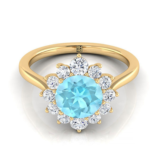 14K Yellow Gold Round Brilliant Aquamarine Floral Diamond Halo Engagement Ring -1/2ctw