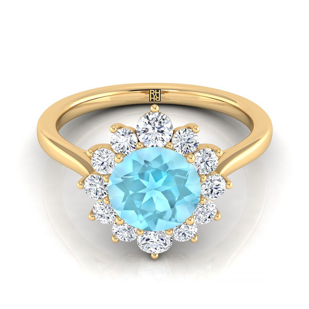 18K Yellow Gold Round Brilliant Aquamarine Floral Diamond Halo Engagement Ring -1/2ctw