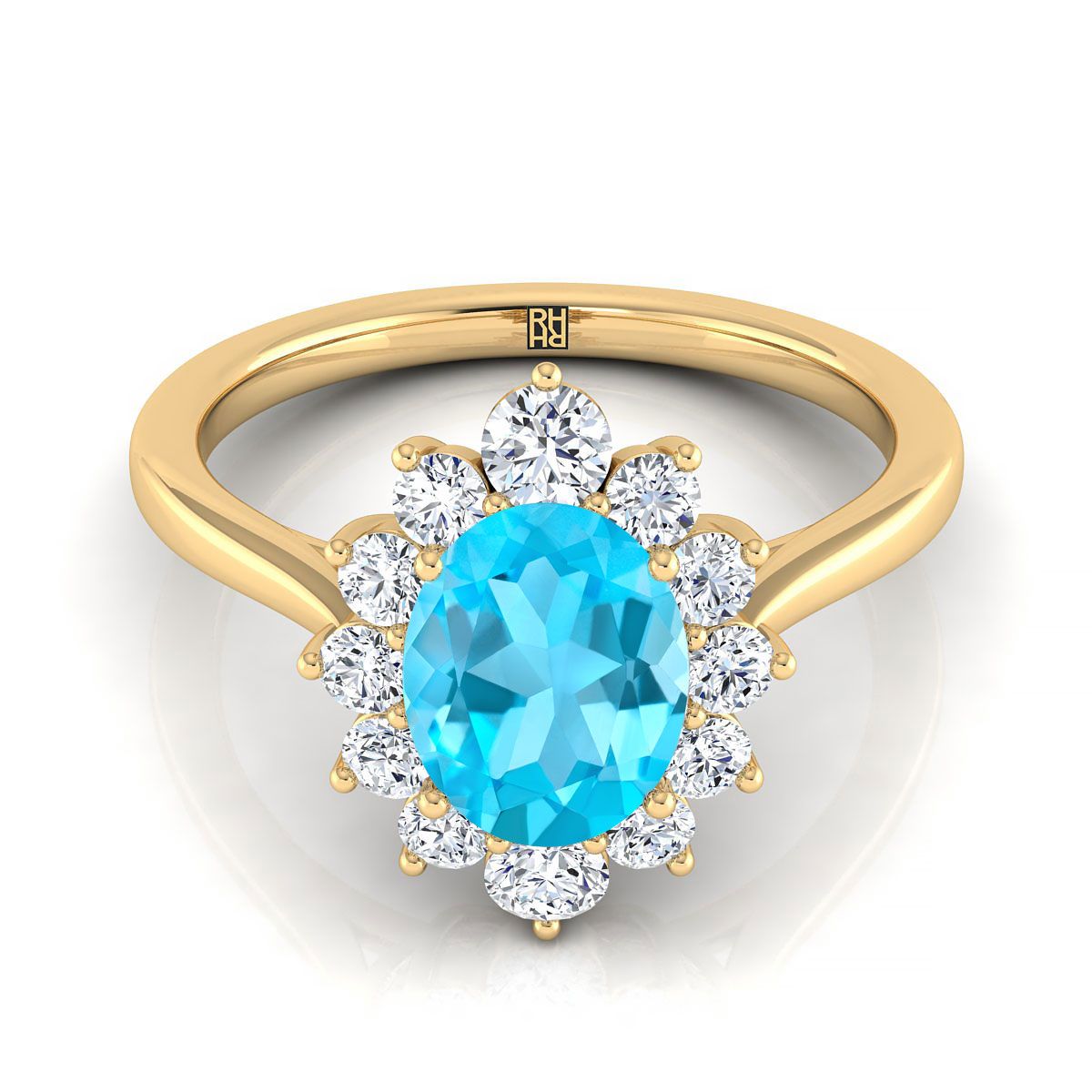 14K Yellow Gold Oval Swiss Blue Topaz Floral Diamond Halo Engagement Ring -1/2ctw