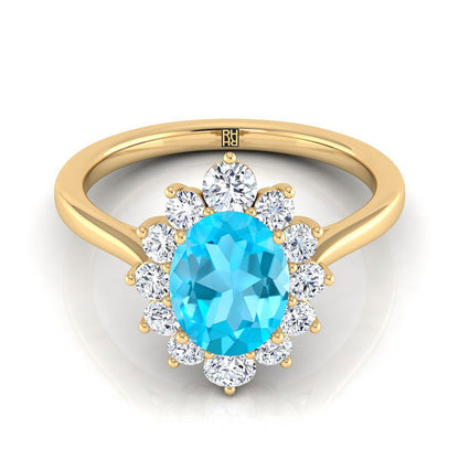 18K Yellow Gold Oval Swiss Blue Topaz Floral Diamond Halo Engagement Ring -1/2ctw