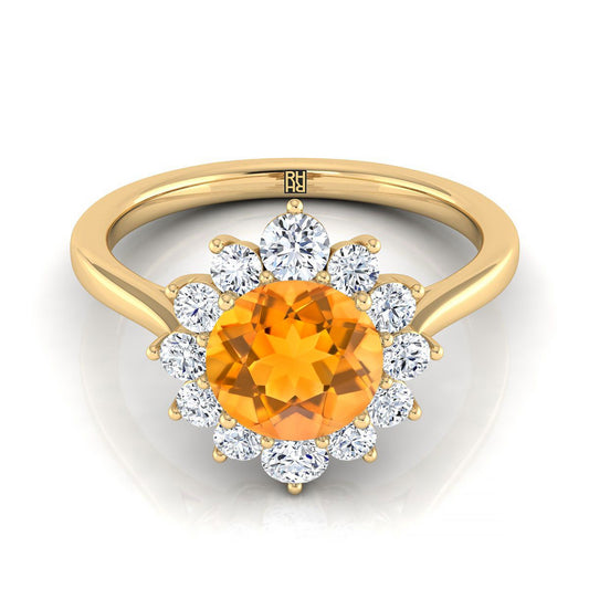 14K Yellow Gold Round Brilliant Citrine Floral Diamond Halo Engagement Ring -1/2ctw