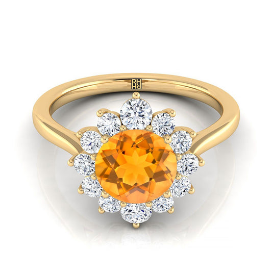 18K Yellow Gold Round Brilliant Citrine Floral Diamond Halo Engagement Ring -1/2ctw
