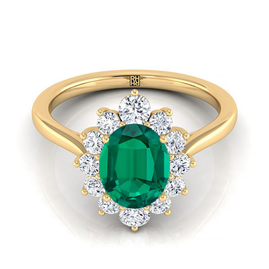18K Yellow Gold Oval Emerald Floral Diamond Halo Engagement Ring -1/2ctw