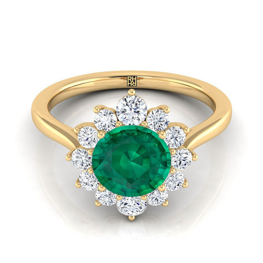 18K Yellow Gold Round Brilliant Emerald Floral Diamond Halo Engagement Ring -1/2ctw