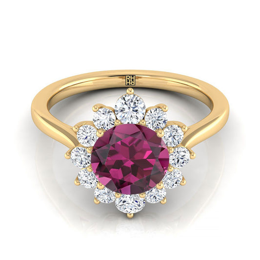 14K Yellow Gold Round Brilliant Garnet Floral Diamond Halo Engagement Ring -1/2ctw
