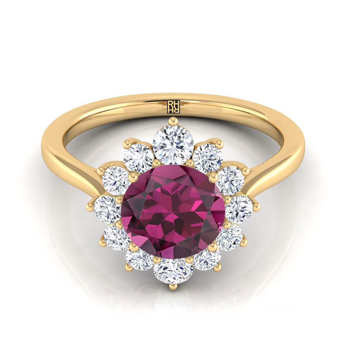 18K Yellow Gold Round Brilliant Garnet Floral Diamond Halo Engagement Ring -1/2ctw