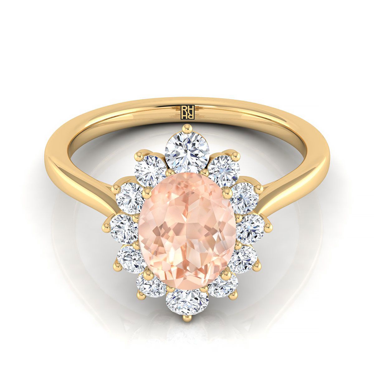18K Yellow Gold Oval Morganite Floral Diamond Halo Engagement Ring -1/2ctw