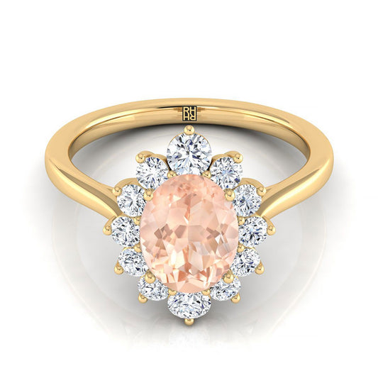 18K Yellow Gold Oval Morganite Floral Diamond Halo Engagement Ring -1/2ctw