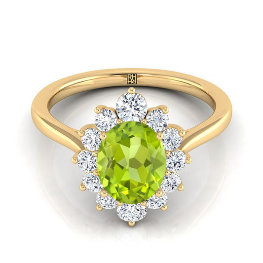 18K Yellow Gold Oval Peridot Floral Diamond Halo Engagement Ring -1/2ctw