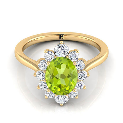 18K Yellow Gold Oval Peridot Floral Diamond Halo Engagement Ring -1/2ctw