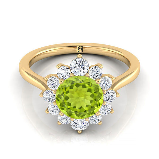 18K Yellow Gold Round Brilliant Peridot Floral Diamond Halo Engagement Ring -1/2ctw