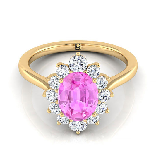 18K Yellow Gold Oval Pink Sapphire Floral Diamond Halo Engagement Ring -1/2ctw