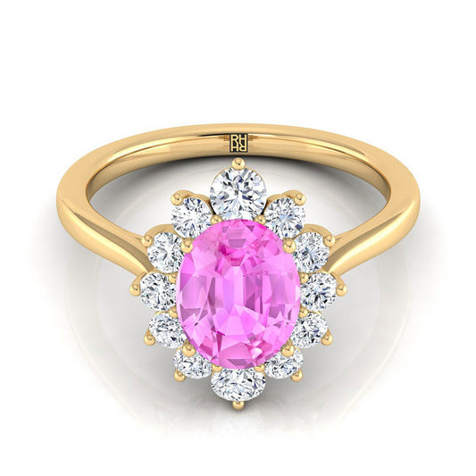 18K Yellow Gold Oval Pink Sapphire Floral Diamond Halo Engagement Ring -1/2ctw