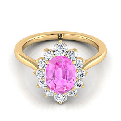 14K Yellow Gold Oval Pink Sapphire Floral Diamond Halo Engagement Ring -1/2ctw