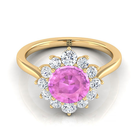 18K Yellow Gold Round Brilliant Pink Sapphire Floral Diamond Halo Engagement Ring -1/2ctw