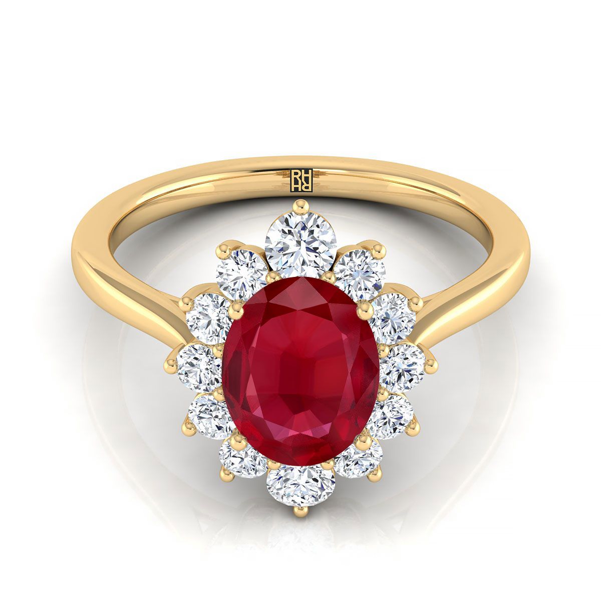18K Yellow Gold Oval Ruby Floral Diamond Halo Engagement Ring -1/2ctw