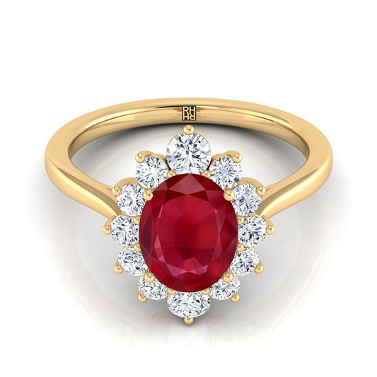14K Yellow Gold Oval Ruby Floral Diamond Halo Engagement Ring -1/2ctw