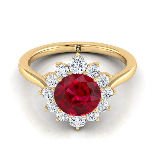 18K Yellow Gold Round Brilliant Ruby Floral Diamond Halo Engagement Ring -1/2ctw