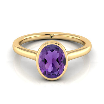 18K Yellow Gold Oval Amethyst Simple Bezel Solitaire Engagement Ring