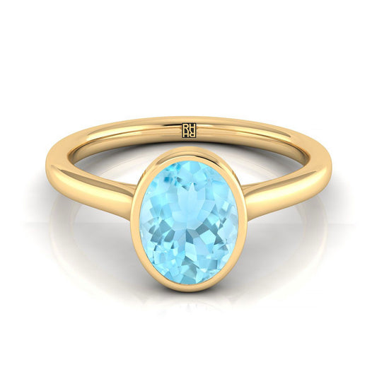 18K Yellow Gold Oval Aquamarine Simple Bezel Solitaire Engagement Ring