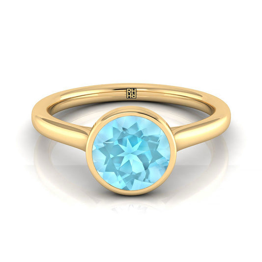 18K Yellow Gold Round Brilliant Aquamarine Simple Bezel Solitaire Engagement Ring
