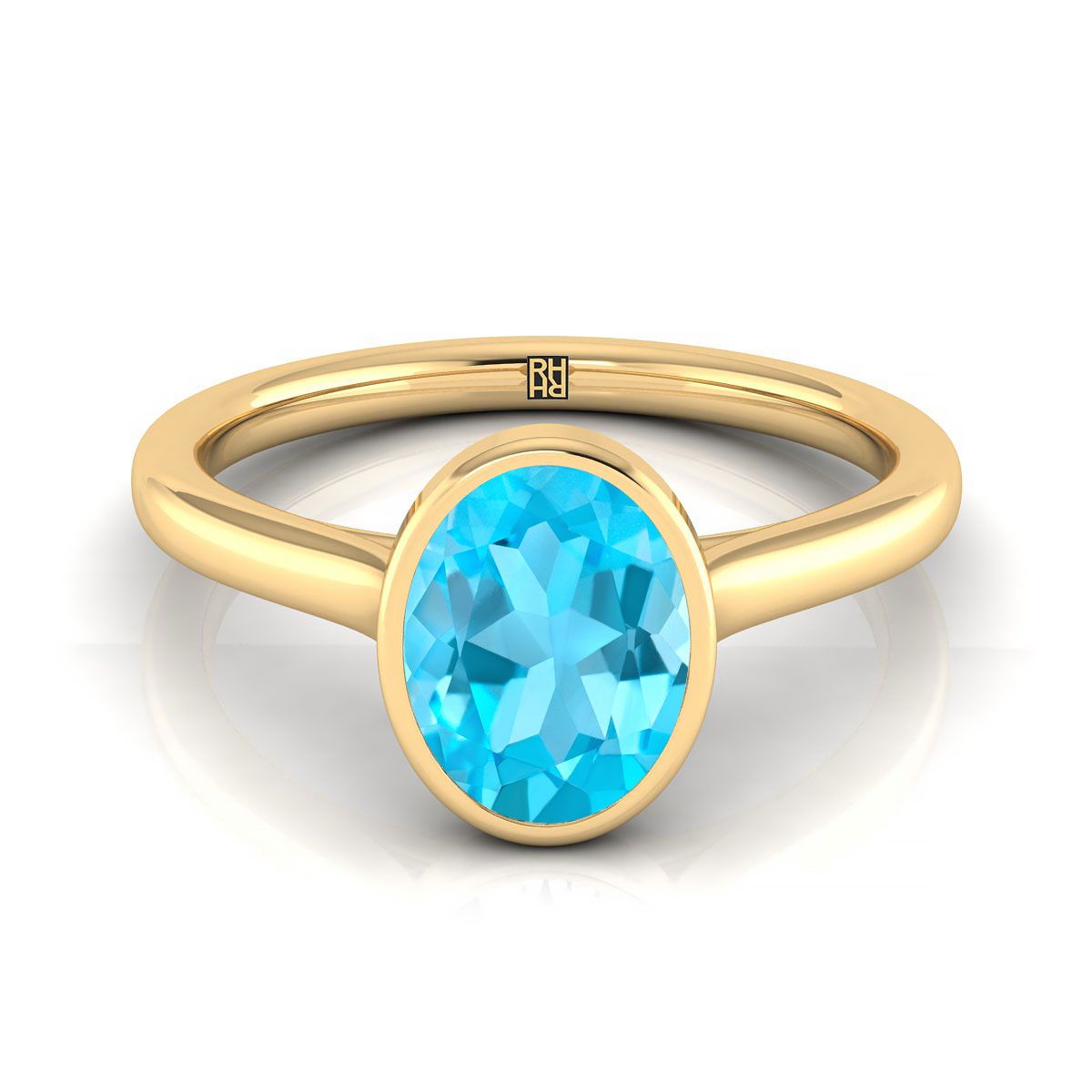 14K Yellow Gold Oval Swiss Blue Topaz Simple Bezel Solitaire Engagement Ring