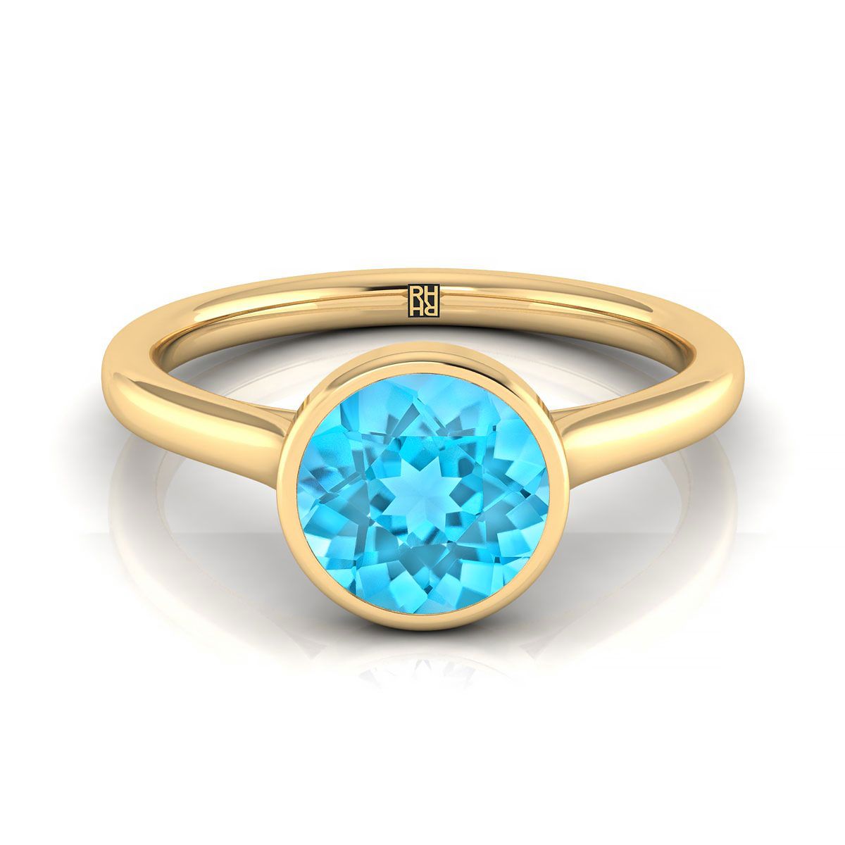 18K Yellow Gold Round Brilliant Swiss Blue Topaz Simple Bezel Solitaire Engagement Ring