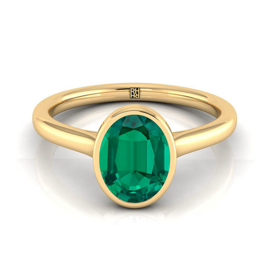 18K Yellow Gold Oval Emerald Simple Bezel Solitaire Engagement Ring