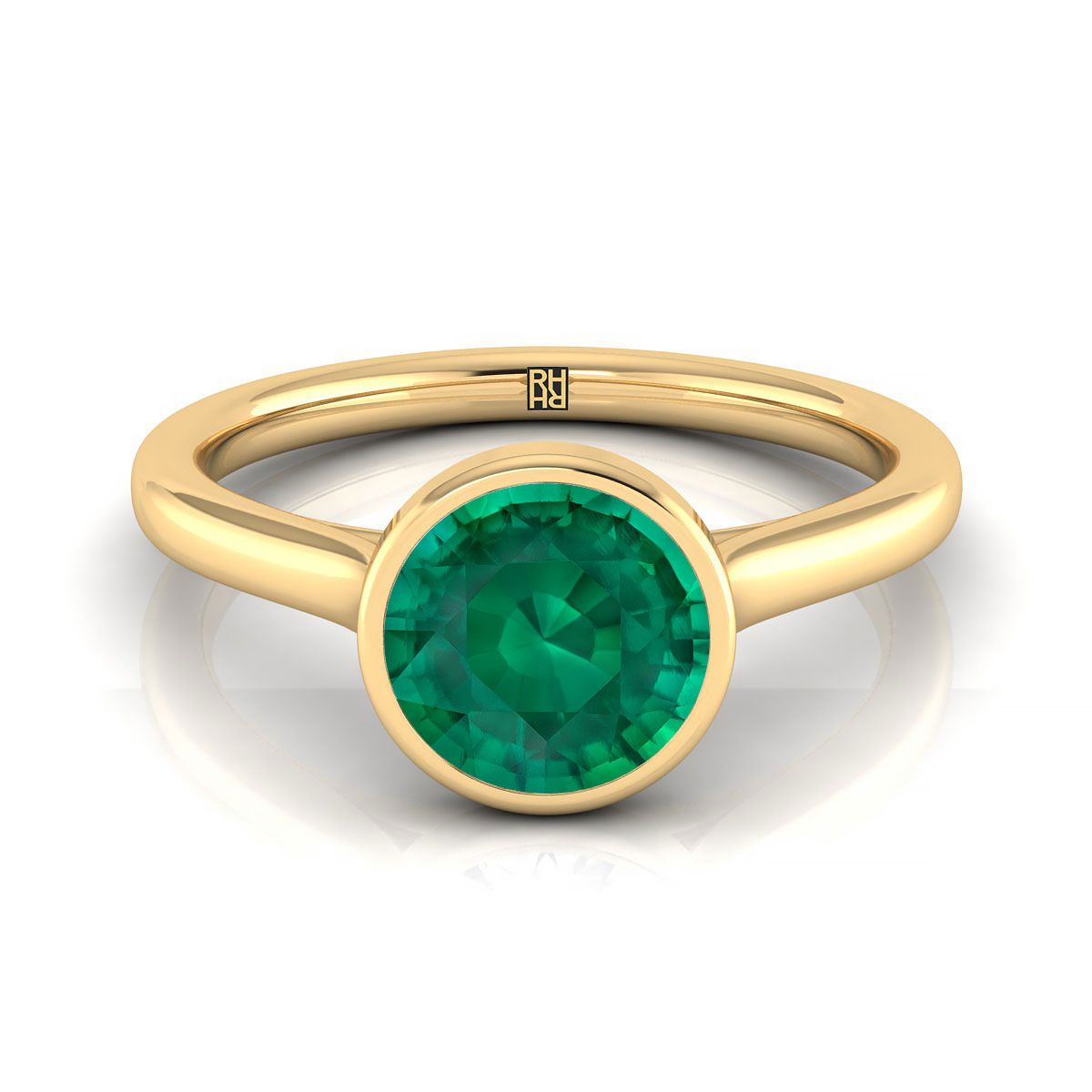 18K Yellow Gold Round Brilliant Emerald Simple Bezel Solitaire Engagement Ring