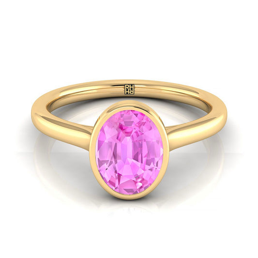 18K Yellow Gold Oval Pink Sapphire Simple Bezel Solitaire Engagement Ring