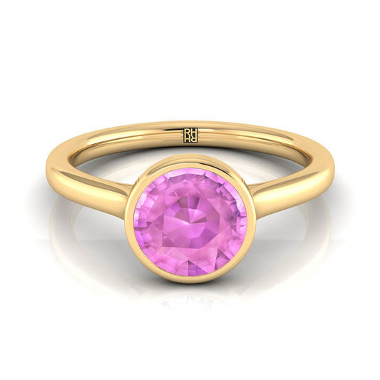 14K Yellow Gold Round Brilliant Pink Sapphire Simple Bezel Solitaire Engagement Ring