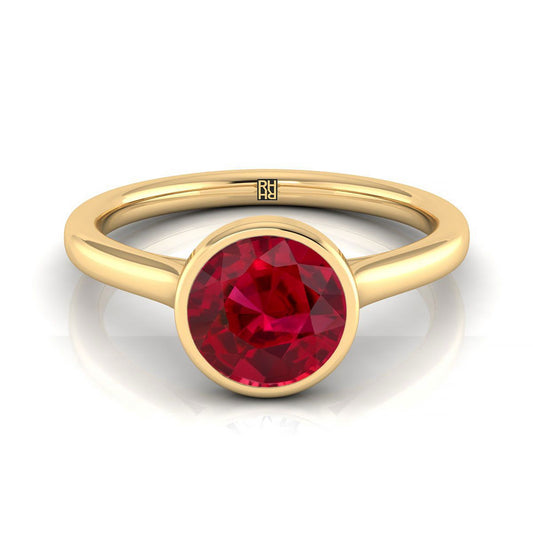 18K Yellow Gold Round Brilliant Ruby Simple Bezel Solitaire Engagement Ring