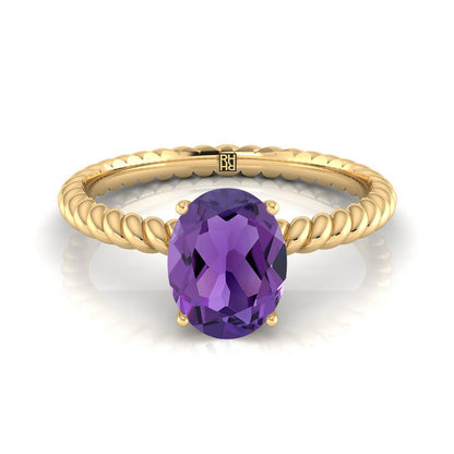 18K Yellow Gold Oval Amethyst Twisted Rope Solitaire With Surprize Diamond Engagement Ring