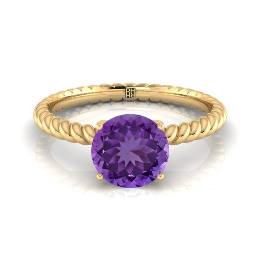 18K Yellow Gold Round Brilliant Amethyst Twisted Rope Solitaire With Surprize Diamond Engagement Ring