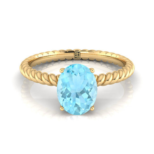 14K Yellow Gold Oval Aquamarine Twisted Rope Solitaire With Surprize Diamond Engagement Ring
