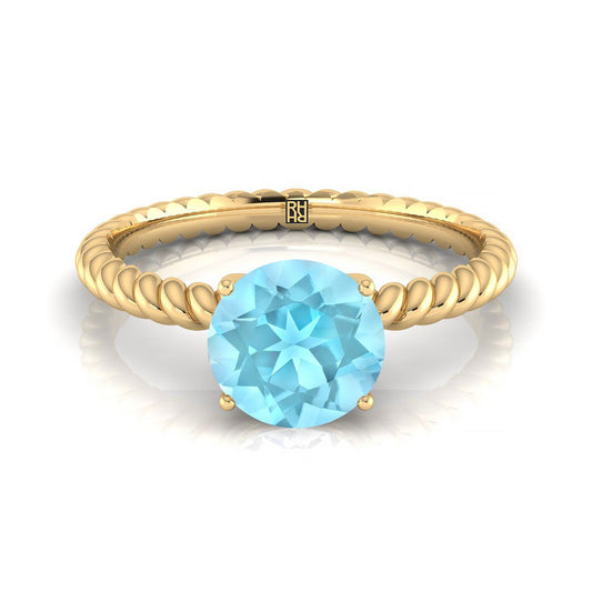 14K Yellow Gold Round Brilliant Aquamarine Twisted Rope Solitaire With Surprize Diamond Engagement Ring