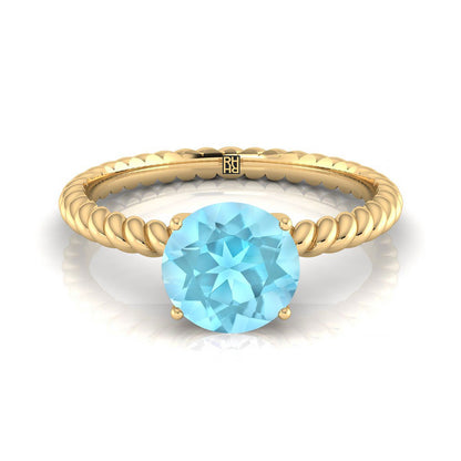 14K Yellow Gold Round Brilliant Aquamarine Twisted Rope Solitaire With Surprize Diamond Engagement Ring