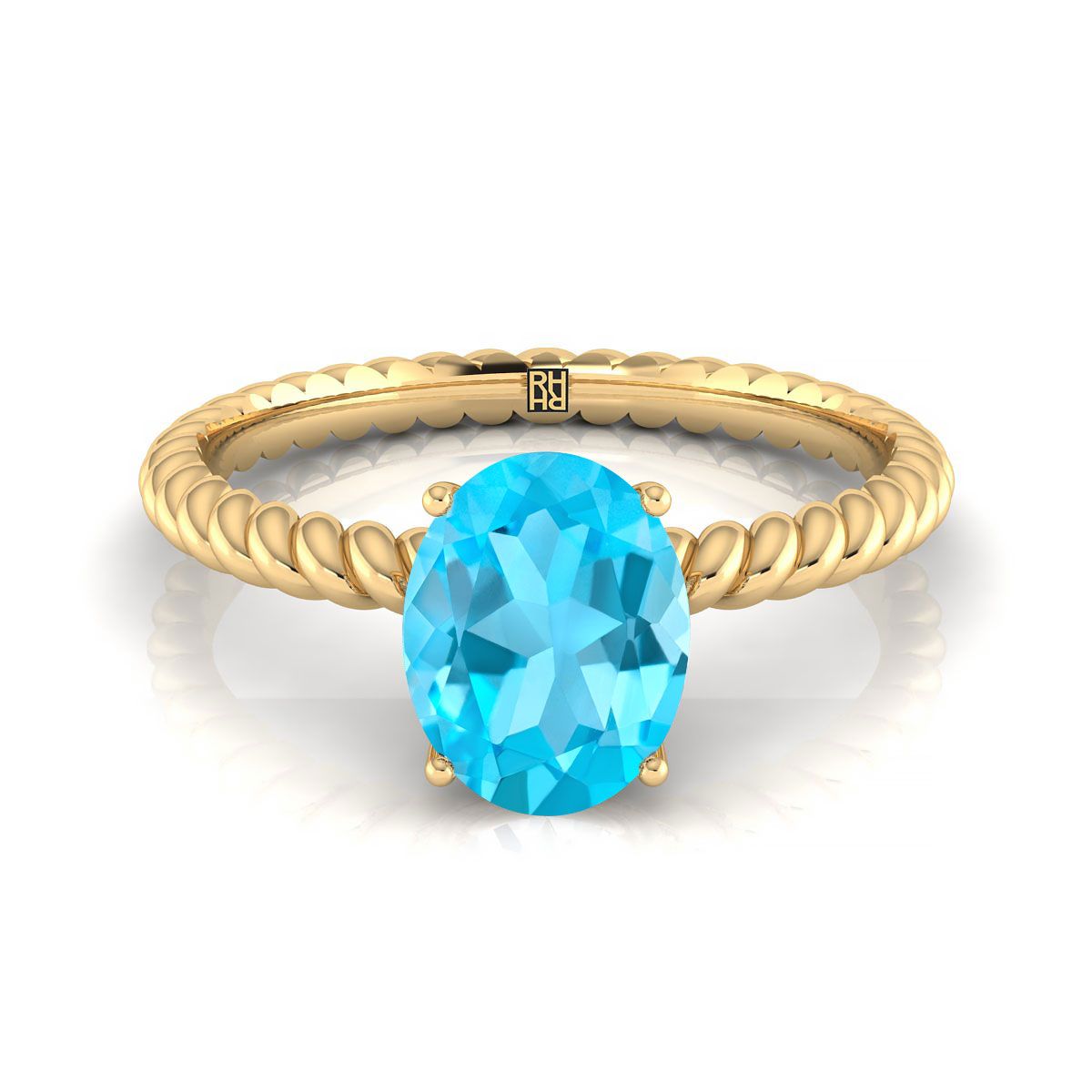 18K Yellow Gold Oval Swiss Blue Topaz Twisted Rope Solitaire With Surprize Diamond Engagement Ring