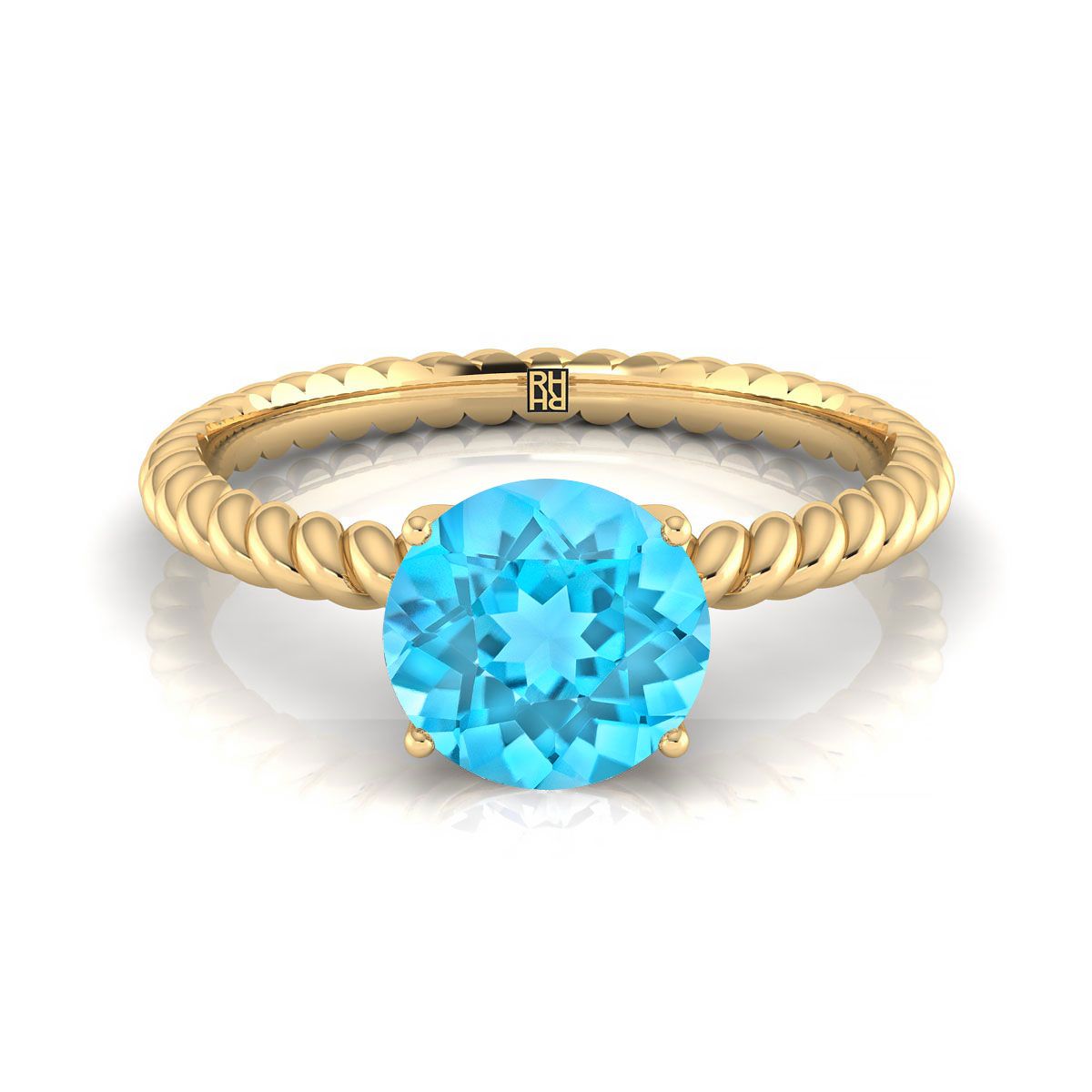 18K Yellow Gold Round Brilliant Swiss Blue Topaz Twisted Rope Solitaire With Surprize Diamond Engagement Ring