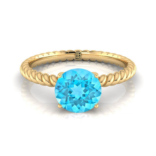 14K Yellow Gold Round Brilliant Swiss Blue Topaz Twisted Rope Solitaire With Surprize Diamond Engagement Ring