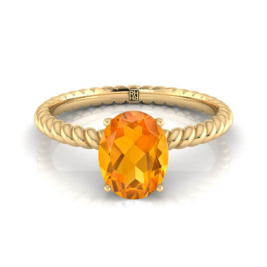 18K Yellow Gold Oval Citrine Twisted Rope Solitaire With Surprize Diamond Engagement Ring