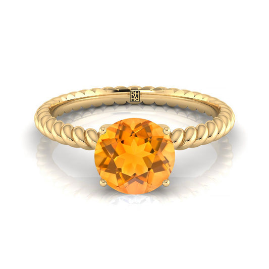 14K Yellow Gold Round Brilliant Citrine Twisted Rope Solitaire With Surprize Diamond Engagement Ring