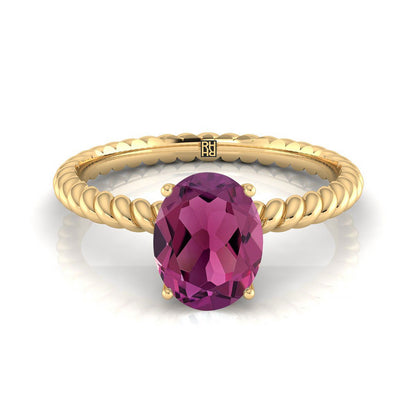 18K Yellow Gold Oval Garnet Twisted Rope Solitaire With Surprize Diamond Engagement Ring