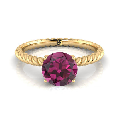 14K Yellow Gold Round Brilliant Garnet Twisted Rope Solitaire With Surprize Diamond Engagement Ring