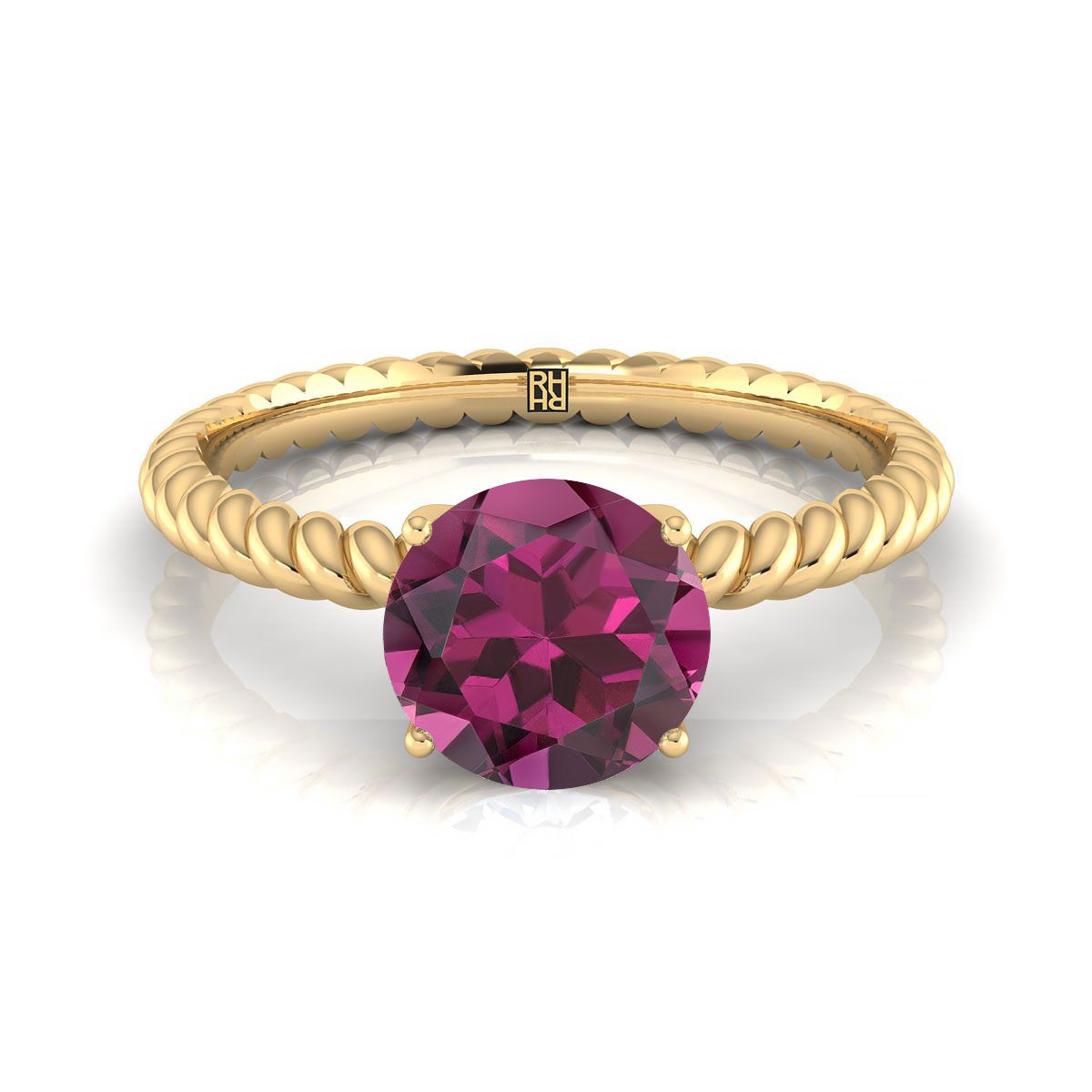 18K Yellow Gold Round Brilliant Garnet Twisted Rope Solitaire With Surprize Diamond Engagement Ring
