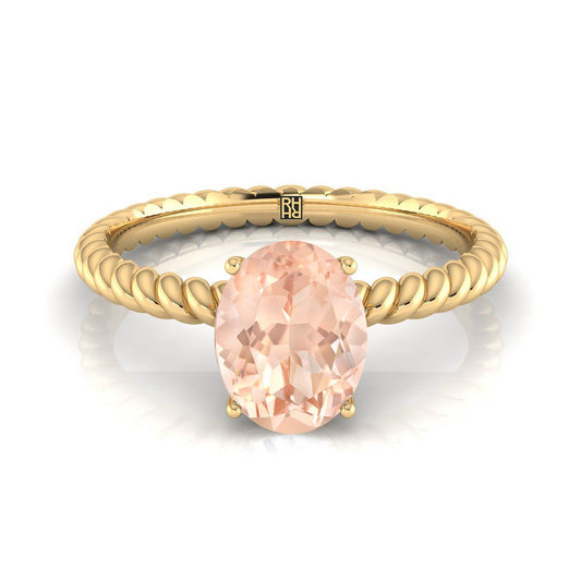 18K Yellow Gold Oval Morganite Twisted Rope Solitaire With Surprize Diamond Engagement Ring